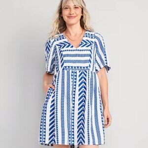Flutter-Sleeve V-Neck Jacquard Mini Swing Dress - Tanzanite